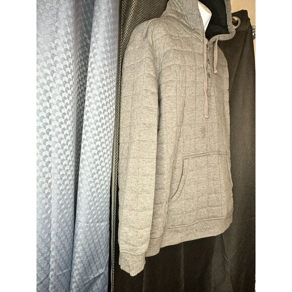 Quilted Gray Hooded Pullover Sweatshirt With Kangaroo Pocket‎ & Button Closure - Picture 4 of 16
